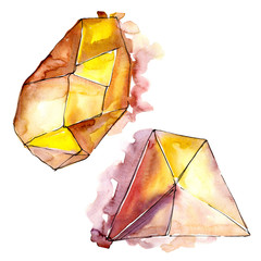 Orange diamond rock jewelry mineral. Isolated illustration element. Geometric quartz polygon crystal stone mosaic shape amethyst gem.