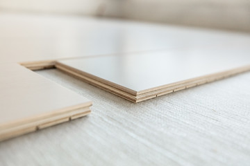 Engineered wood floor installation with subfloor membrane in condo. Maple hardwood flooring planks...