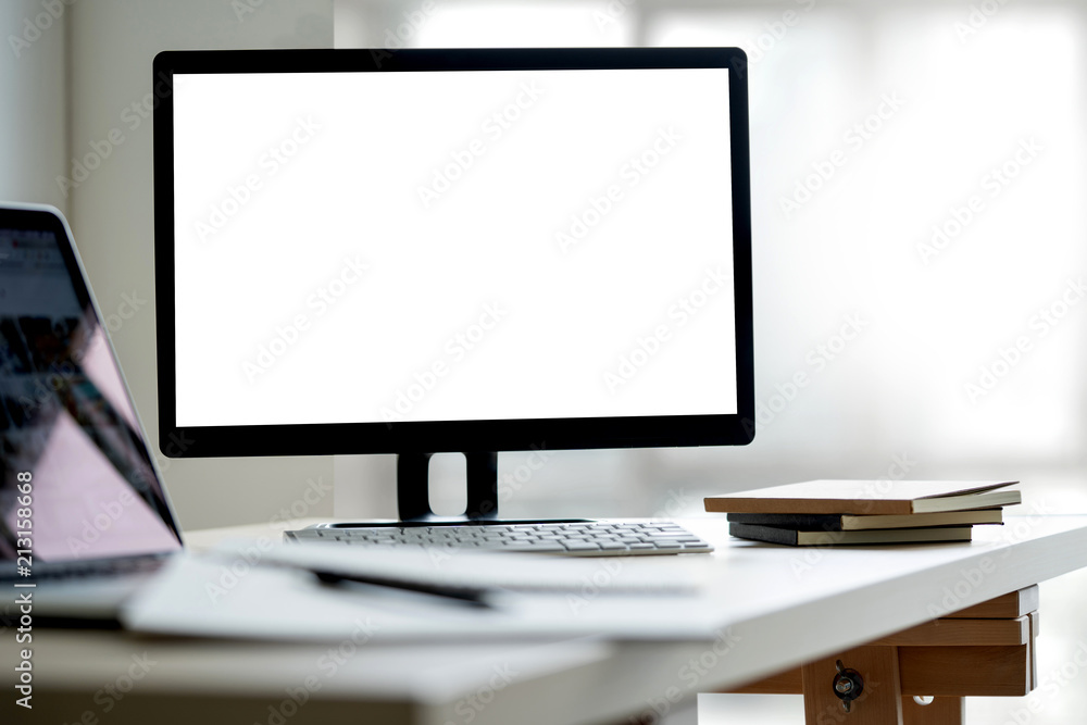 Poster laptop with blank screen on table. workspace background new project on laptop computer with blank co