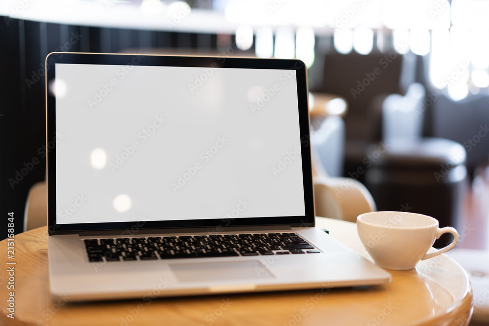 Poster laptop with blank screen on table. workspace background new project on laptop computer with blank co