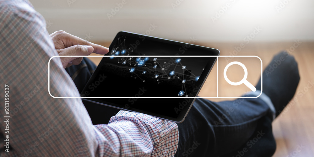 Poster ict(information communication technology) businessman using searching browsing internet internet of 
