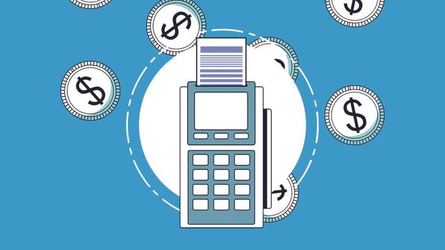 Dataphone over coins falling background High Definition animation colorful scenes
