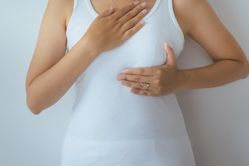 Breast cancer symbol,Woman hand touching her chest,Awareness healthy lifestyle concept