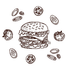Vector hand drawn illustration of burger and ingridients: cucumber , tomato and onion. Doodle set of fast food.  Isolated on white. For restaurant, menu, street food, bakery, cafe, flyer