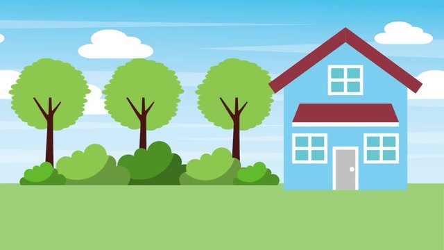 natural landscape house two floor trees bushes animation hd