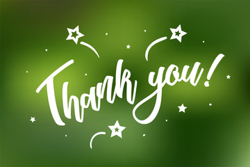 Thank you card. Beautiful greeting scratched calligraphy white text word stars. Hand drawn invitation design. Handwritten modern brush lettering green bokeh lights background vector