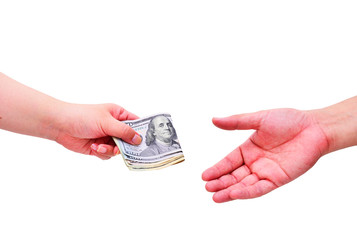 Hand receiving money, US dollars isolated on white background concept 