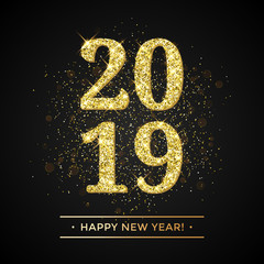 Happy New Year of glitter gold confetti or sparkle fireworks. Vector 2019 glittering text with sparkle shine for new year holiday premium black greeting card