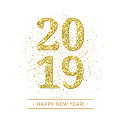 Happy New Year of glitter gold confetti or sparkle fireworks. Vector 2019 glittering text with sparkle shine for new year holiday premium white greeting card