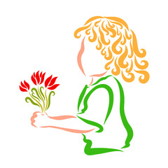 Charming curly-haired child with bouquet of flowers in hand