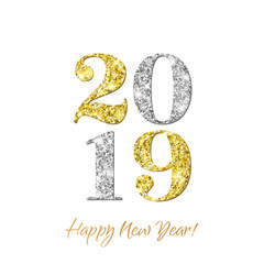 Happy New Year 2019 greeting card of vector golden and silver glitter confetti on premium white background for Christmas celebration