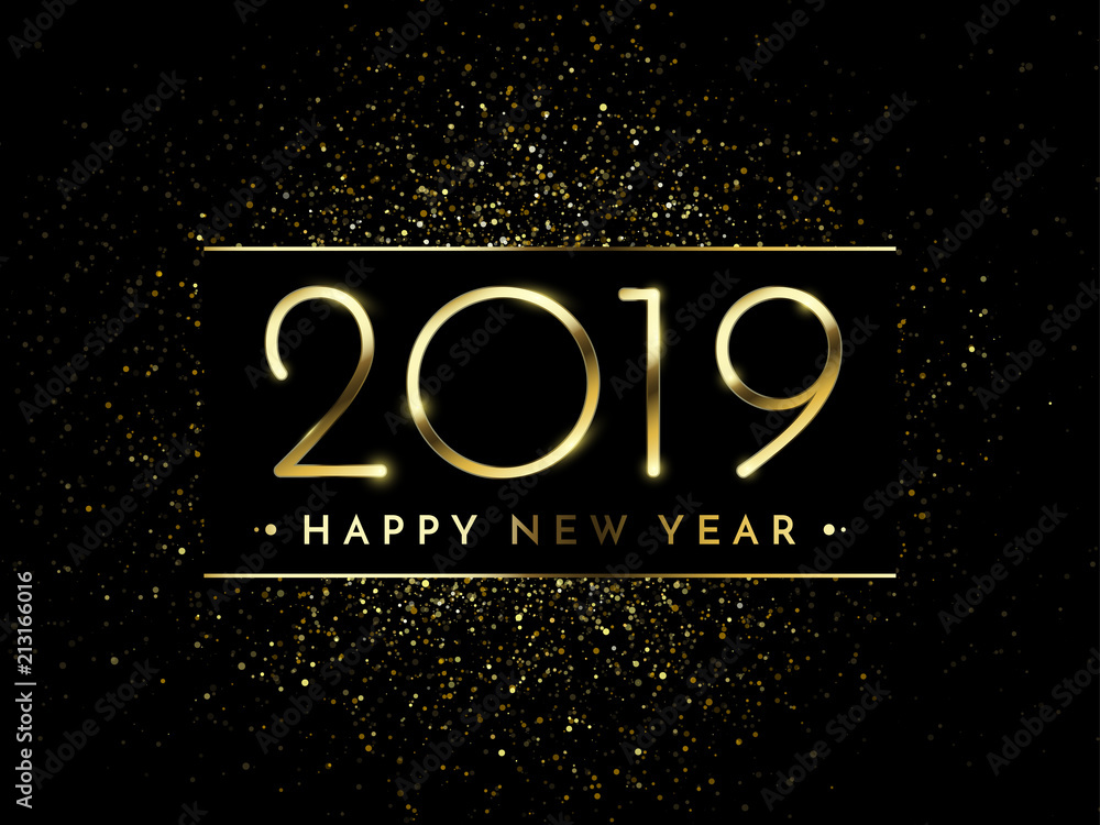 Poster happy new year of glitter gold fireworks. vector golden glittering text and 2019 numbers with sparkl