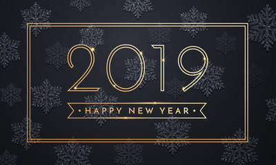 Fototapeta na wymiar Happy New Year greeting card of sparkling snowflakes and gold glitter frame for Christmas holiday celebration on vector black premium background