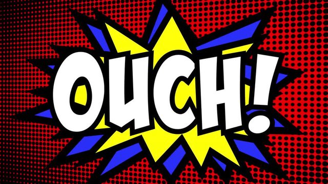A comic strip cartoon animation, with the word Ouch appearing. Green and halftone background, star shape effect.
