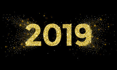 2019 Happy New Year greeting card of golden stars glitter confetti for Christmas holiday celebration on vector black sparkling background