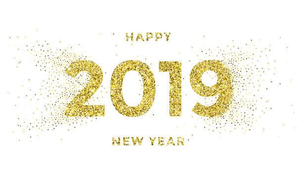 2019 Happy New Year greeting card of vector golden stars glitter confetti for Christmas holiday celebration on white sparkling background