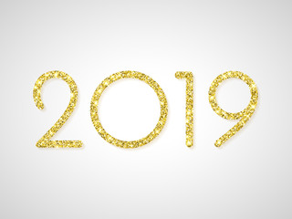 2019 Happy New Year greeting card of golden glitter. Vector sparkling light for Christmas holiday celebration on white shiny background
