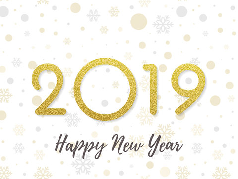 2019 Happy New Year greeting card of golden glitter and sparkling light. Vector calligraphy lettering for Christmas holiday celebration on white shiny snowflakes pattern background