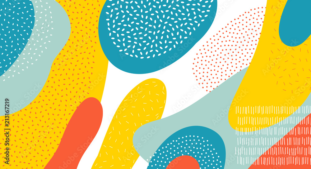 Fototapete Abstract art color vector pattern background of colorful oval or circle shapes with Memphis dots and lines design