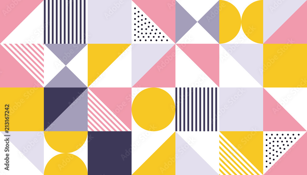 Aufkleber Geometric pattern design of Scandinavian abstract color or Swiss geometry prints with vector rectangles, squares and circles background
