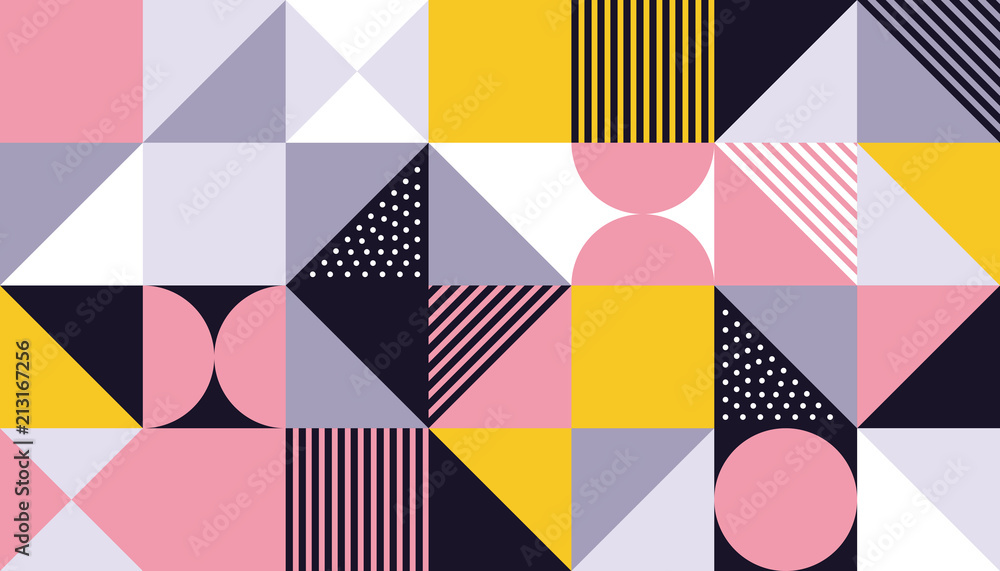 Fototapete Geometric pattern background of vector Scandinavian abstract color or Swiss geometry prints design with rectangles, squares and circles