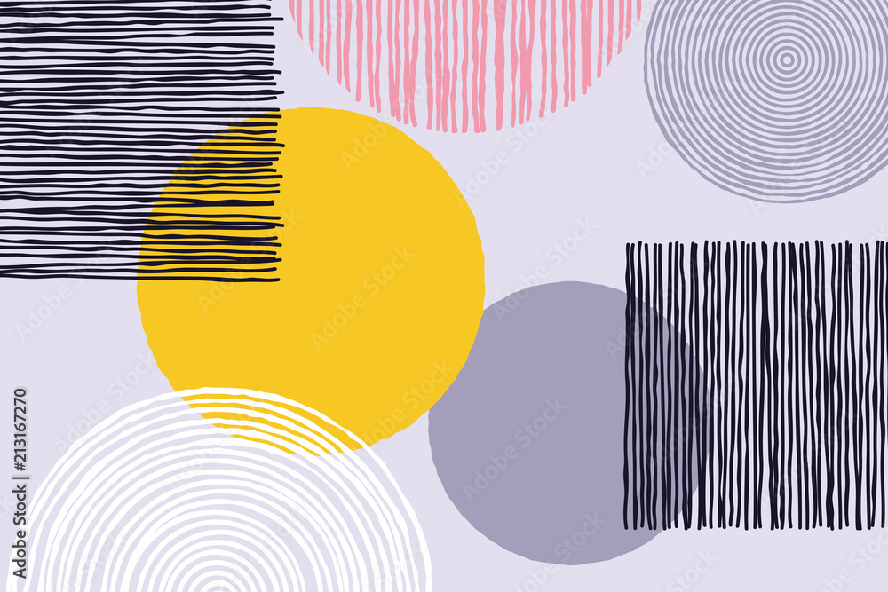 Poster Abstract patchwork pattern background of vector doodle sketch patch work or artwork with geometric circle and line art shapes on white background