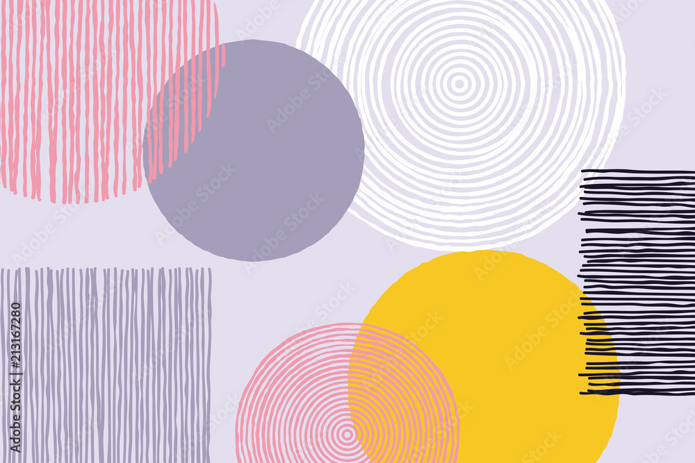 Aufkleber Abstract patchwork geometric line art pattern background of vector doodle sketch patch work or artwork with circle and suqare giclee shapes on white background