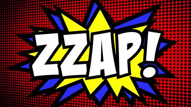 A comic strip cartoon animation, with the word Zzap appearing. Green and halftone background, star shape effect.
