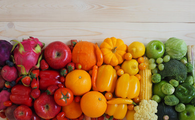 Colorful fresh fruits and vegetables background, healthy eating concept.