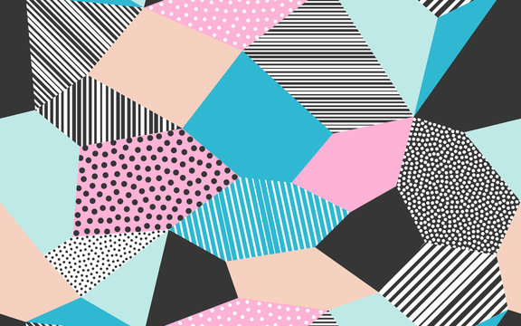 Abstract patchwork pattern background of vector patch artwork of giclee dots, lines and strokes shapes