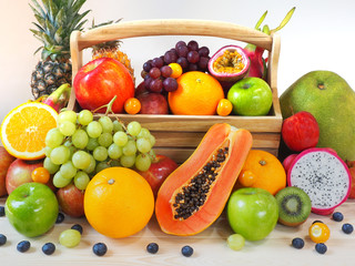 Colorful fresh fruits and vegetables background, healthy eating concept.