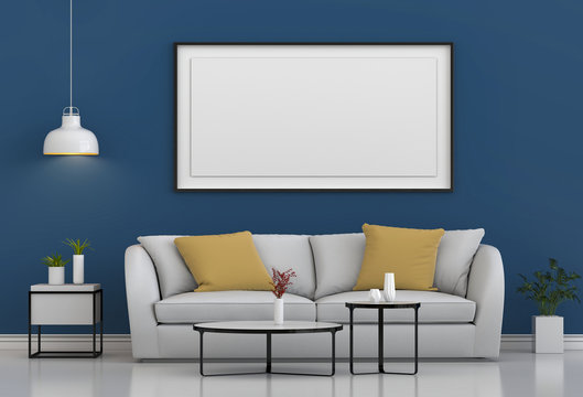 mock up poster frame in hipster interior modern living room background, 3D render