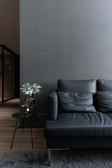 Cozy black leather sofa in composition with minimal black and white floor lamp with gray painted wall background and artificial plant in glass vase in the front / Cozy Intetrior concept /minimal style