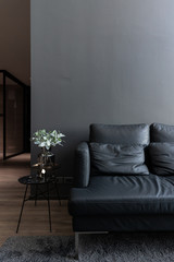 Cozy black leather sofa in composition with minimal black and white floor lamp with gray painted wall background and artificial plant in glass vase in the front / Cozy Intetrior concept /minimal style © Nut