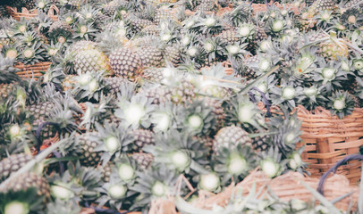 Pile pineapple fruit which has been harvested and display for sale on farmers table in market. 