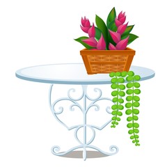 Glass round table with forged metal legs and wicker basket with tropical flowers isolated on white background. Vector cartoon close-up illustration.