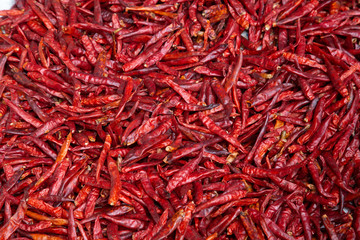 Dried red hot chilli peppers, food ingredient