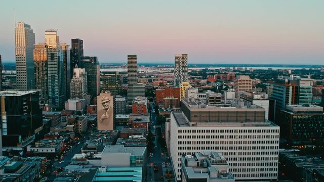 areal drone footage of montreal canada at sunset