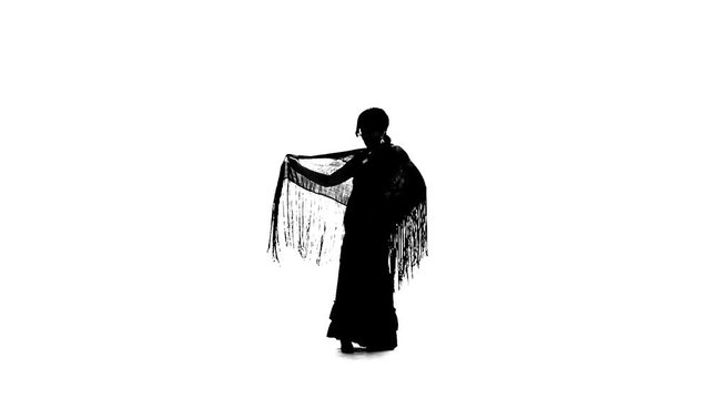 Flamenco. Woman is dancing with a manton . White background. Silhouette. Slow motion