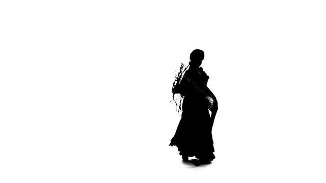 Professional dancer girl is dancing with a manton . White background. Silhouette. Slow motion