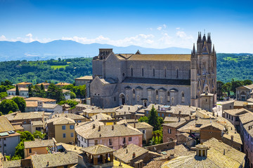 Orvieto, Italy - Panoramic view of Orvieto old town and Umbria region with Piazza Duomo square and Duomo di Orvieto cathedral - obrazy, fototapety, plakaty