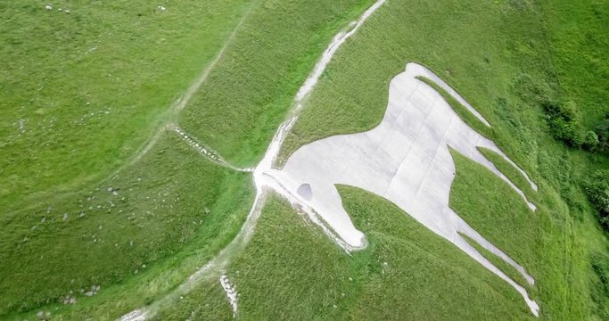 Drone aerial footage of Westbury White Horse in Wiltshire, England.
