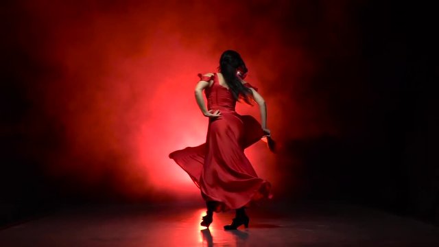 Girl in an incendiary dance of flamenco . Llight from behind. Smoke background. Slow motion