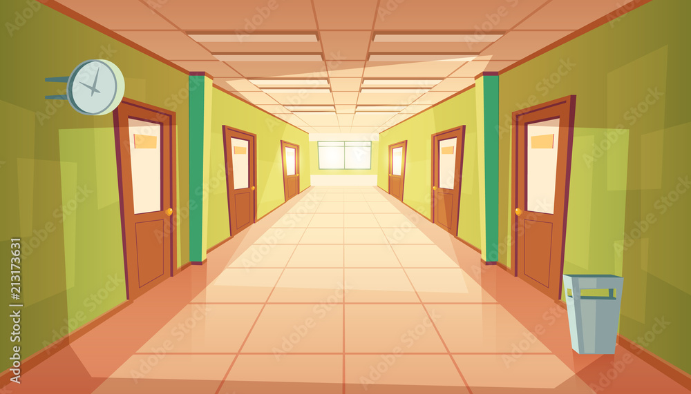 Wall mural Vector cartoon school hallway with window and many doors. College corridor with rubbish bin and no people. Interior of university, education concept.