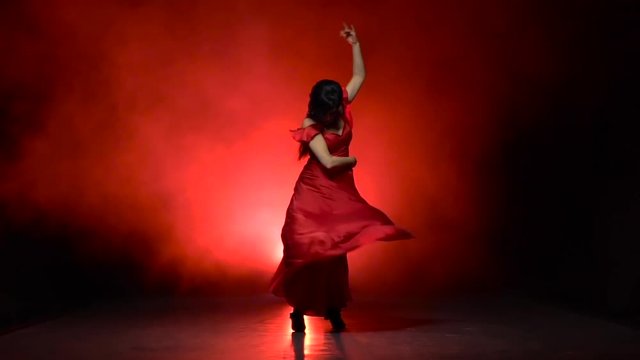 Dancer an incendiary dance of Argentine flamenco . Llight from behind. Smoke background. Slow motion