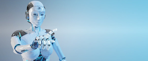 White woman cyborg pointing her finger 3D rendering