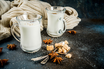 Dutch hot dairy drink Anijsmelk with milk, sugar and aniseed, dark blue rusty background copy space