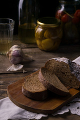 Bread, garlic, pickles and brine, vodka