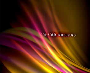 Neon glowing wave, magic energy and light motion background. Vector wallpaper template