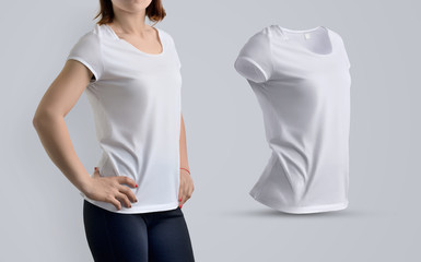 Clothes template set with slim female model in the blank t-shirt and shape of t-shirt without body